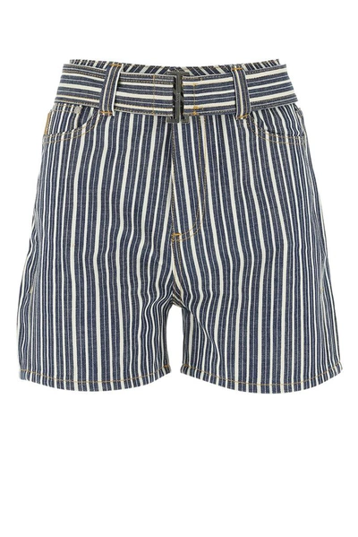 Ganni Belted Striped Denim Shorts In Blue
