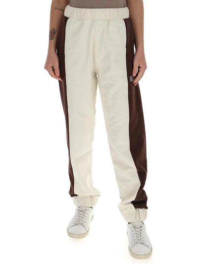 Ganni Embroidered Two-tone French Cotton-blend Terry Track Trousers In Neutrals