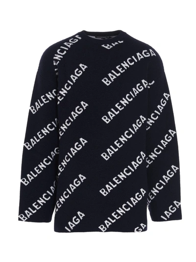 Balenciaga Intarsia Diagonal Logo Oversize Wool Blend Sweater In Dark Blue