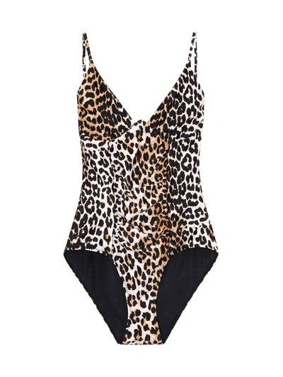 Ganni Recycled Printed Gathered Underwire Swimsuit Leopard Size 34