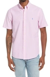 Polo Ralph Lauren Seersucker Player Logo Stripe Short Sleeve Shirt Button Down Custom Regular Fit In Rose/white In French Navy Deco Swimmers