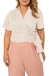 Standards & Practices Short Sleeve Tie Waist Wrap Top In Beige