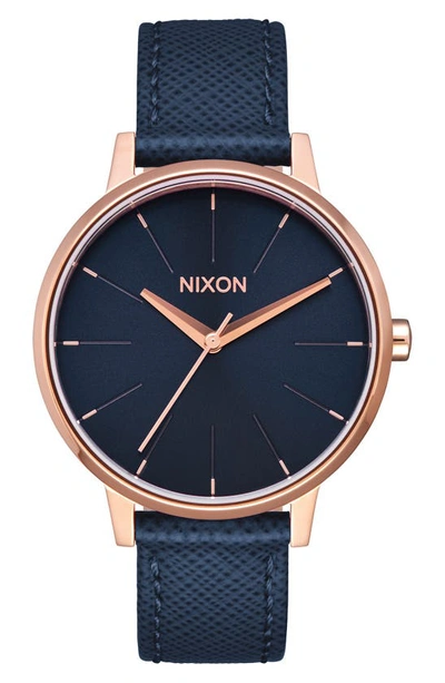 Nixon 'the Kensington' Leather Strap Watch, 37mm In Blue/ Rose Gold
