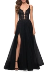 La Femme Floral Embroidered Illusion Plunge Tulle Ballgown In Black