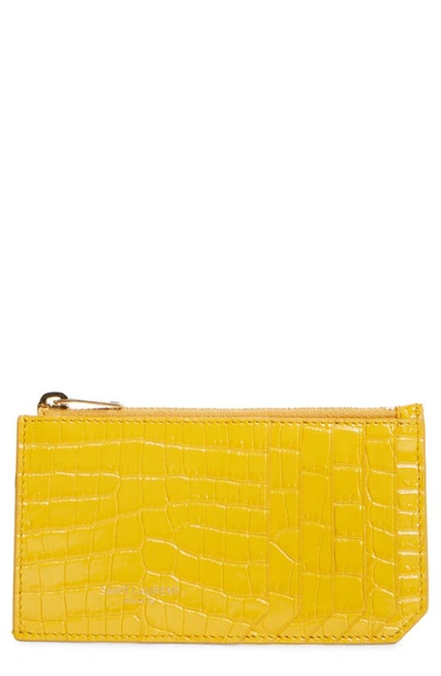 Saint Laurent Fragments Zip Croc Embossed Leather Card Case In Saffran