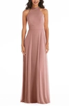 After Six Backless Halter Evening Gown In Desert Rose