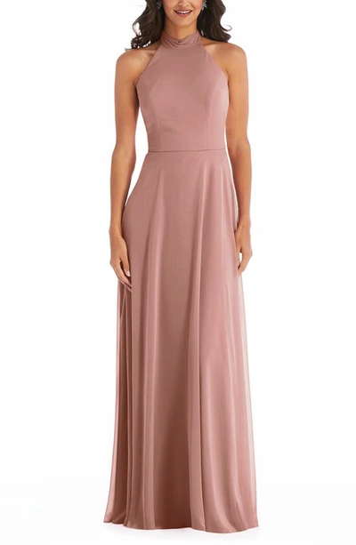 After Six Backless Halter Evening Gown In Desert Rose
