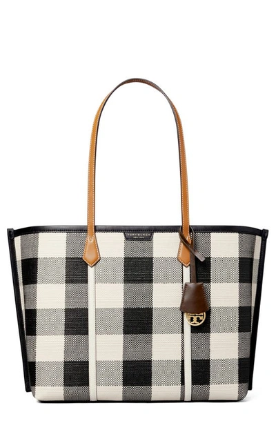 Tory Burch Perry Gingham Tote In Black / New Ivory Gingham