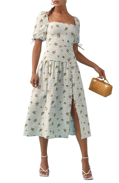 Reformation Melony Floral Gingham Square Neck Linen Midi Dress In Blau |  ModeSens