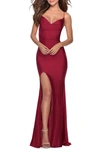 La Femme Jersey Column Gown In Burgundy