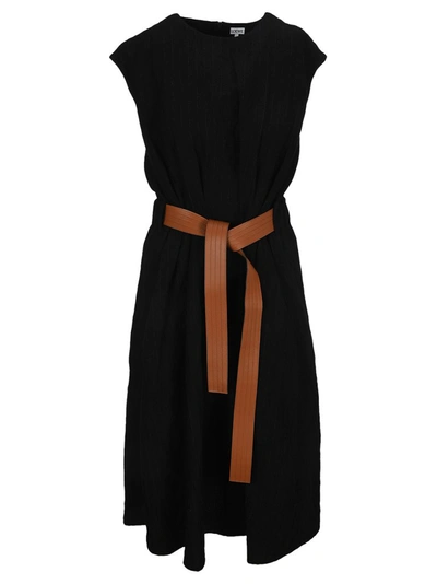 Loewe Leather-trimmed Belted Metallic Wool-blend Twill Midi Dress In Black