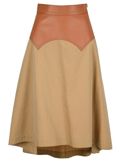 Loewe 棉质薄麻布&皮革半身裙 In Beige,brown