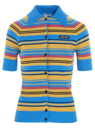 Miu Miu Bouclé Striped Short-sleeve Cardigan In Multicolor