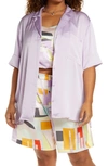 Open Edit Satin Camp Button-up Shirt In Purple Bloom