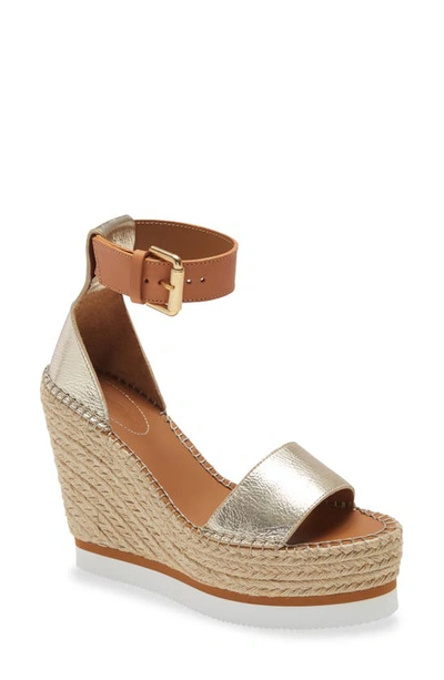 See By Chloé Glyn Leather Espadrille Platform Wedge Ankle Strap Sandals In Gld/nat