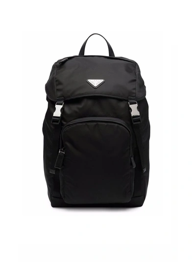 Prada Logo Plaque Buckled Backpack In Black