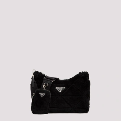 Prada Logo Plaque Shearling Shoulder Bag In Black