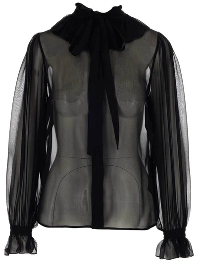 Saint Laurent Bow Detail Sheer Shirt In Black
