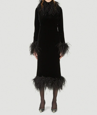 Saint Laurent Feather-trimmed Velvet Gown In Black
