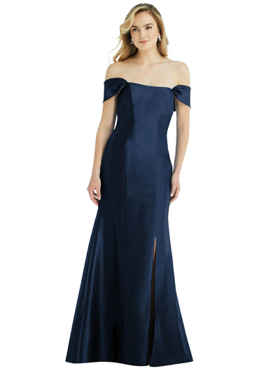 Alfred Sung Bow-back Off-the-shoulder Gown In Blue