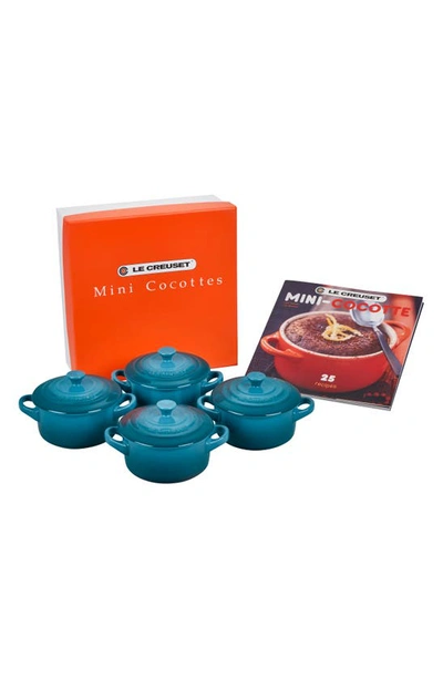 Le Creuset 5-piece Mini Stoneware Cocottes & Cookbook Set In Cocotte Cookbook: Deep Teal