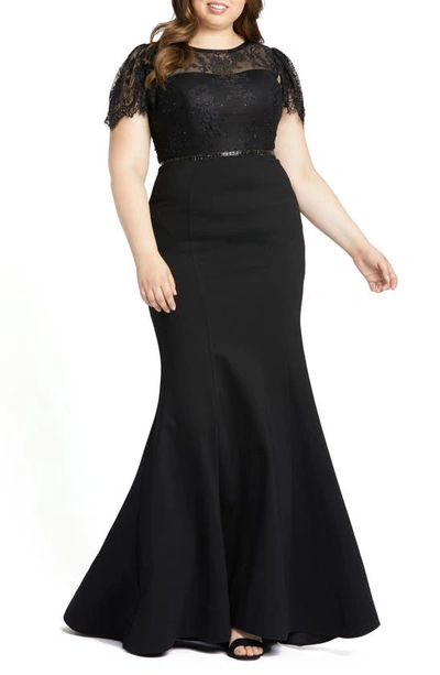 Mac Duggal Beaded Lace Bodice Trumpet Gown In Black