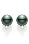 MIKIMOTO BLACK SOUTH SEA PEARL & DIAMOND STUD EARRINGS,PES 902 BD W