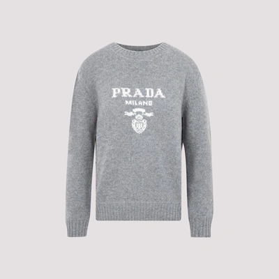 Prada Logo Jacquard Turtleneck Cashmere Wool Blend Sweater In Grey