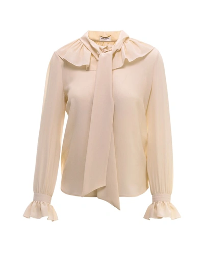 Saint Laurent Ruffle Detail Pussybow Blouse In White