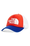 The North Face Logo Trucker Hat In Horizon Red/ Blue