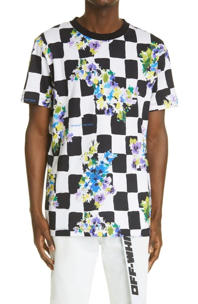 Off-white Check Floral Slim Fit Graphic Tee In Multicolor