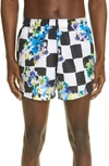 OFF-WHITE CHECK FLORAL SWIM TRUNKS,OMFA003S21FAB0028400
