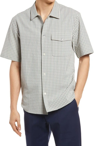 Club Monaco Slim Fit Check Stretch Seersucker Short Sleeve Button-up Shirt In Grey Multi