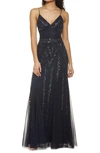 Jump Apparel Gatsby Beaded A-line Gown In Navy