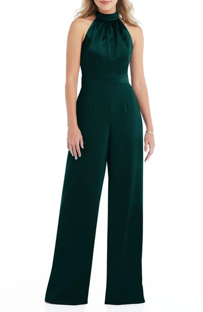 After Six Halter Neck Satin Charmeuse & Crepe Jumpsuit In Evergreen