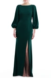 Dessy Collection Bishop Sleeve Open-back Trumpet Gown With Scarf Tie In Evergreen