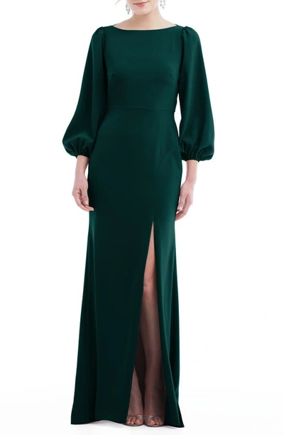 Dessy Collection Bishop Sleeve Open-back Trumpet Gown With Scarf Tie In Evergreen