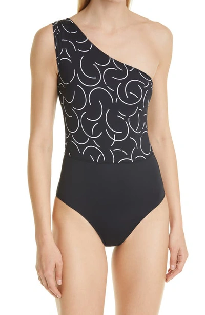 Max Mara Rame Print One-shoulder One-piece Swimsuit In Black