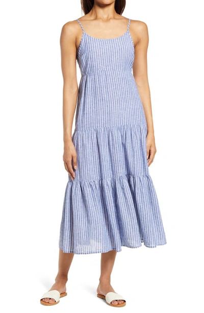 Beachlunchlounge Lana Stripe Linen & Cotton Tiered Midi Sundress In Cerulean