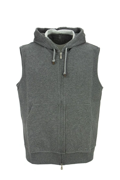 Brunello Cucinelli Techno Cotton Interlock Zip-front Hooded Sweatshirt Vest In Grey
