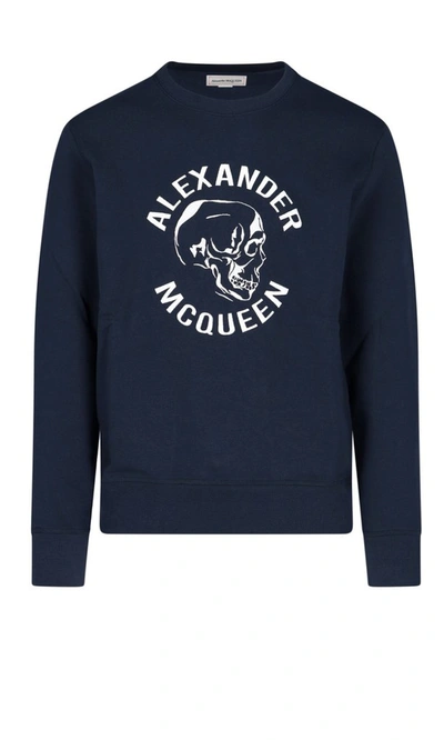 Alexander Mcqueen Man Navy Blue Skull Logo Sweatshirt