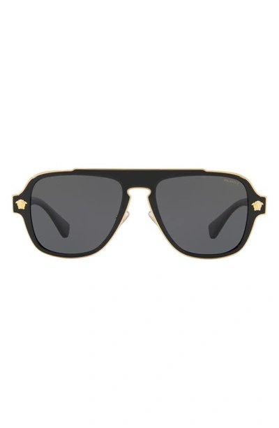 Versace 56mm Polarized Aviator Sunglasses In Black/ Black Solid