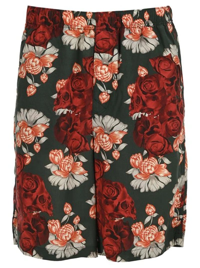 Undercover Floral And Skull-print Shorts In Dark Green