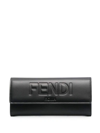 Fendi Continental Wallet With Embossed Logo In Black