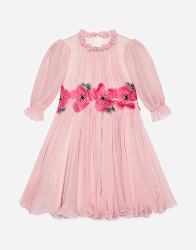 Dolce & Gabbana Chiffon Dress With Embroidered Flowers In Pink