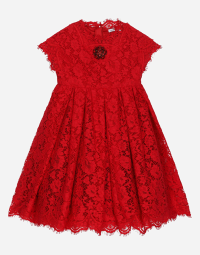 Dolce & Gabbana Kids' Cordonette Lace Dress With Embroidered Jewel In Red
