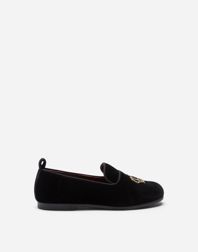 Dolce & Gabbana Kids' Velvet Slippers With Crown Patch In Black