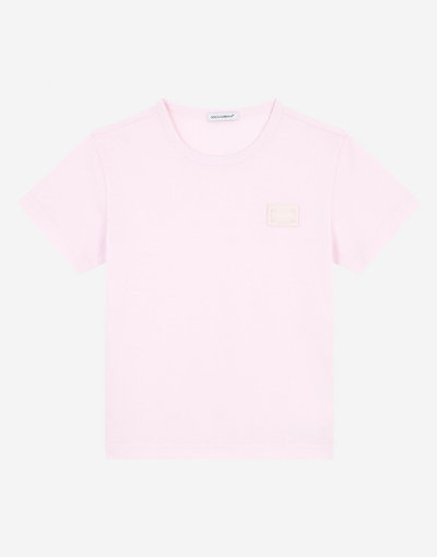 Dolce & Gabbana Kids' Jersey T-shirt With Logo Tag In Pink