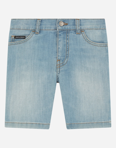 Dolce & Gabbana Kids' Stretch Denim Bermuda Pants In Washed Baby Blue Color In Light Blue