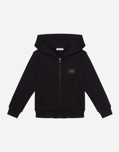 Dolce & Gabbana Kids' Jersey Hoodie With Plate In Black